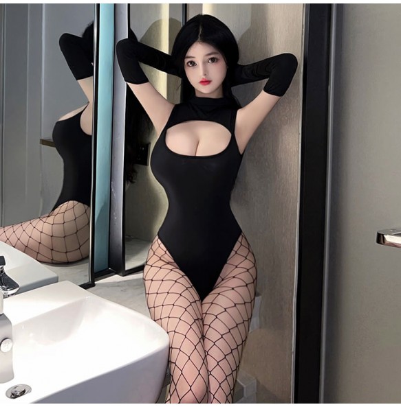 FEE ET MOI - Sexy Hollow Out Open-Crotch Bodysuit With Stockings (Black)